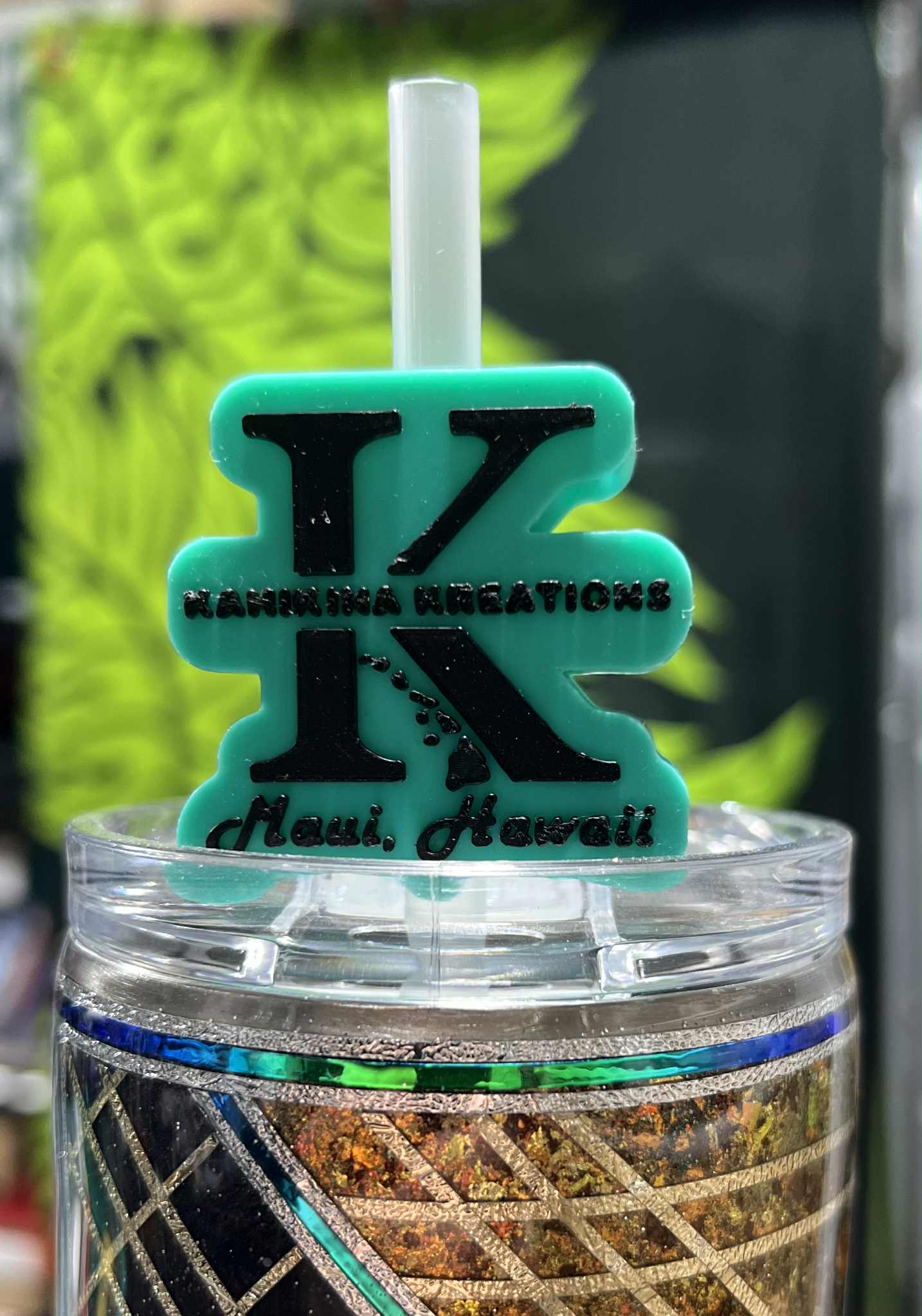 Kahikina Kreations LOGO Straw Topper Black on Teal (Copy)
